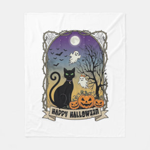 Frohes Halloween Schwarze Katze Geister Kürbisse_1 Fleecedecke