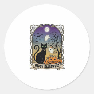 Frohes Halloween Schwarze Katze Geister Kürbisse_1 Runder Aufkleber