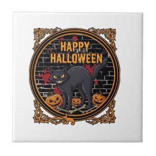 Frohes Halloween Schwarze Katze Kürbisse Knochen_1 Fliese
