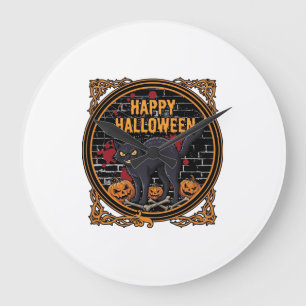 Frohes Halloween Schwarze Katze Kürbisse Knochen_1 Große Wanduhr