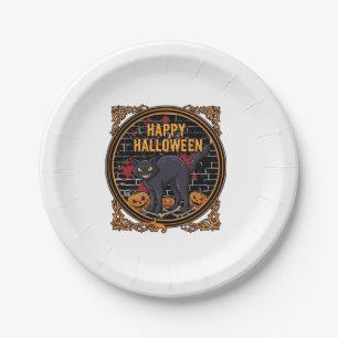 Frohes Halloween Schwarze Katze Kürbisse Knochen_1 Pappteller