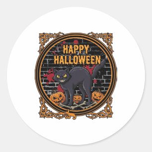 Frohes Halloween Schwarze Katze Kürbisse Knochen_1 Runder Aufkleber