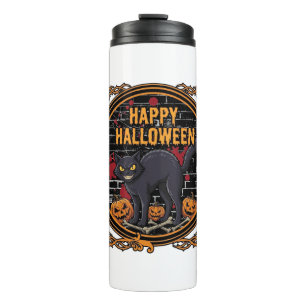 Frohes Halloween Schwarze Katze Kürbisse Knochen_1 Thermosbecher