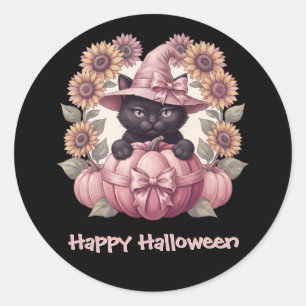 Frohes Halloween Schwarze Katze Rosa Kürbis Runder Aufkleber