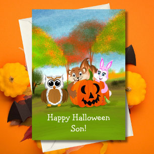 Frohes Halloween Sohn Chipmunk, Kaninchen & Eule Karte