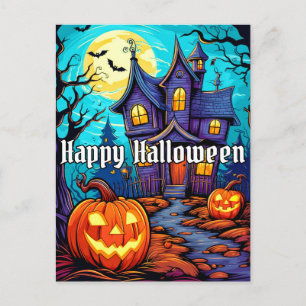 Frohes Halloween - Spukhaus Postkarte