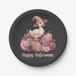 Frohes Halloween Süße Hexenente & rosa Kürbisse Pappteller