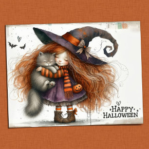 Frohes Halloween - Süßes Hexenmädchen und schwarze Postkarte