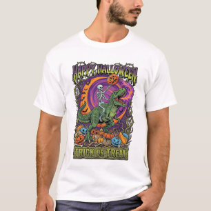 Frohes Halloween Trick Or Treat Skelett Rex Feuer T-Shirt