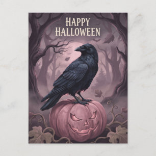 Frohes Halloween Vintage-Krähe & rosa Kürbis Feiertagspostkarte