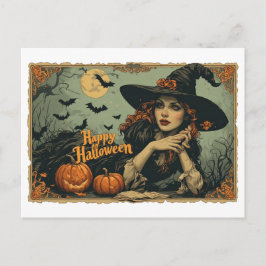 Frohes Halloween von einer Zauberin auf einer Feiertagspostkarte