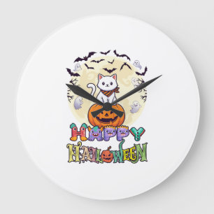 Frohes Halloween Weiße Katze Kürbis Mond Fledermäu Große Wanduhr