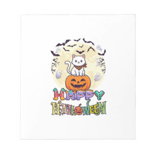 Frohes Halloween Weiße Katze Kürbis Mond Fledermäu Notizblock