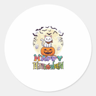 Frohes Halloween Weiße Katze Kürbis Mond Fledermäu Runder Aufkleber