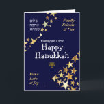 Frohes HANUKKAH Peace Liebe Joy Stars HEBREW Feiertagskarte<br><div class="desc">Stilvolle blaue und goldene HANUKKAH GREETING CARD, um Ihrer Familie und Freunden eine Happy Hanukkah zu wünschen, die WISHING YOU A SEHR GLÜCKLICH HANUKKAH in weißer Typografie mit FAMILY, FRIENDS & FUN und FRIACE, LIEBE & JOY in goldener Typografie in den Ecken. PEACE, LIEBE, JOY ist auch in HEBREW geschrieben....</div>