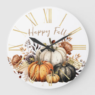 Frohes Herbst Blume und Pumpkins Wasserfarbe Herbs Große Wanduhr