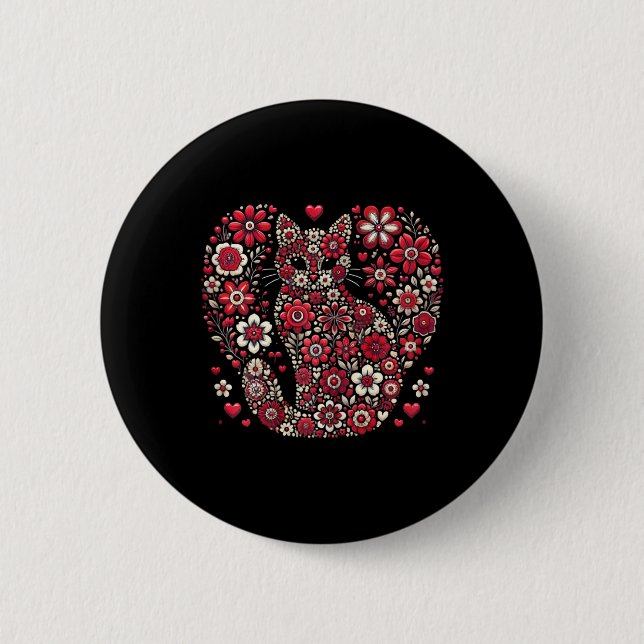 Frohes Meowentinstag Blumiges Katzen-Valentin Roma Button (Vorderseite)