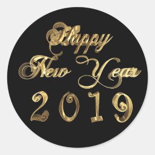 Frohes neues Jahr 2019 Schwarz-Gold-Script Runder Aufkleber