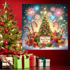 Frohes neues Jahr 2024 Feuerwerk Weihnachtsbaum Ro Feiertagskarte