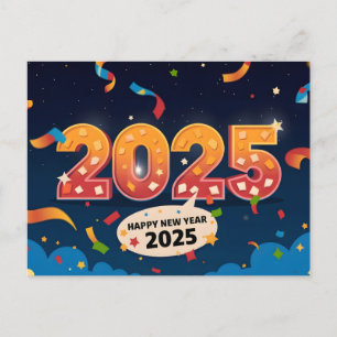 Frohes neues Jahr 2025 mit farbenfrohen Texten Feiertagspostkarte