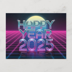 Frohes neues Jahr 2025 Retro-Futuristik Feiertagspostkarte