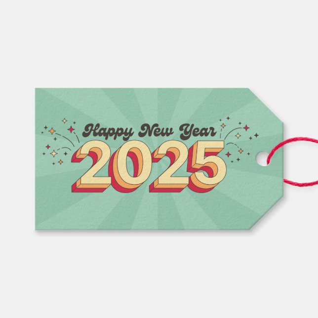 Frohes neues Jahr 2025 Sterne Cartoon Text Geschen Geschenkanhänger (Vorderseite (Horizontal))