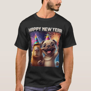 Frohes neues Jahr 2026 Capybara Pug Party Kunst T-Shirt