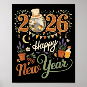Frohes Neues Jahr 2026 Cottagecore Disco Pilz Nat Poster