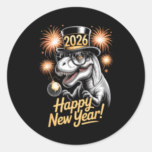 Frohes Neues Jahr 2026 Dinosaurier Lustiges T-Rex Runder Aufkleber