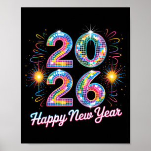 Frohes Neues Jahr 2026 Disco Ball Retro Familie Pa Poster