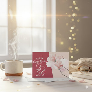 Frohes Neues Jahr 2026 Florales Elegantes Magnolie Mitteilungskarte