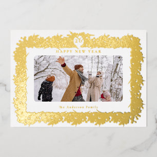 Frohes neues Jahr 2026 Foto Gold Botanischer Rahme Folien Feiertagskarte