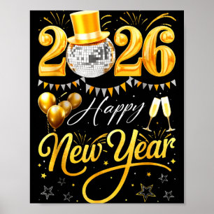Frohes Neues Jahr 2026 Goldener Hut Disco-Kugel Ba Poster
