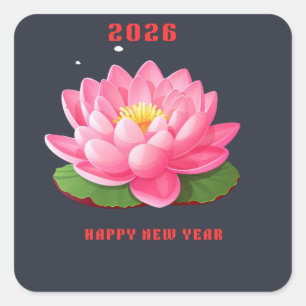 Frohes neues Jahr 2026 Illustration rosa Lotusblüt Quadratischer Aufkleber