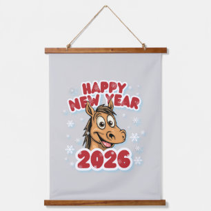 Frohes Neues Jahr 2026: Jahr des Pferd-Maskottchen Wandteppich Mit Holzrahmen
