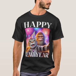 Frohes neues Jahr 2026 Lustige Katze Bigfoot Party T-Shirt