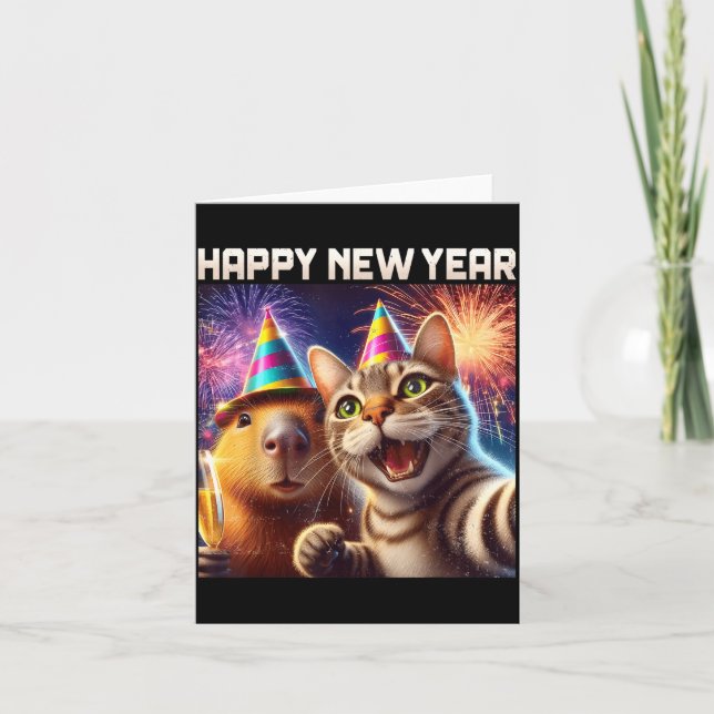 Frohes Neues Jahr 2026 Niedliche Katze Capybara Pa Karte (Vorderseite)