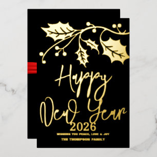 Frohes neues Jahr 2026, rotes Band Folien Feiertagskarte
