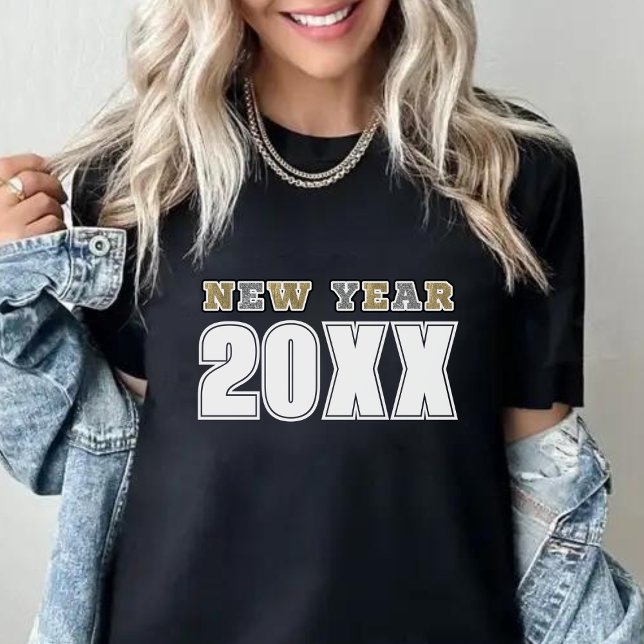 Frohes neues Jahr 2026 Schwarzer Silber & Gold Gli T-Shirt (Black Silver & Gold Glitter Happy New Year 2024 T-Shirt)