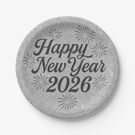 Frohes neues Jahr 2026 Silvery Glitzer & Black Pappteller