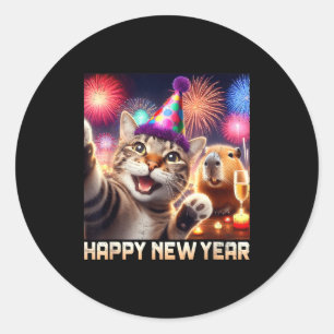 Frohes Neues Jahr 2026 Süße Katze Capybara Party K Runder Aufkleber