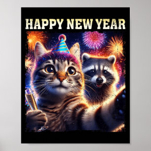 Frohes Neues Jahr 2026 Süße Katze Waschbär-Feier Poster
