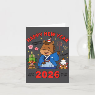 Frohes Neues Jahr 2026 Süßes Pferd Japanische Feie Karte