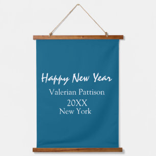 Frohes neues Jahr blau Name Ort Jahr Boho einfach  Wandteppich Mit Holzrahmen