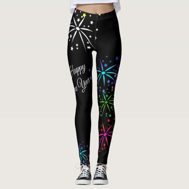 Frohes neues Jahr buntes Feuerwerk Skript Leggings (Vorderseite)