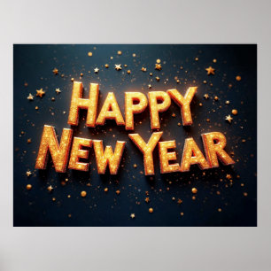 Frohes neues Jahr, elegant schwarz und gold, Poster