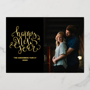 Frohes neues Jahr. Elegante schwarze Goldschrift F Folien Feiertagskarte