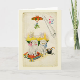 Frohes neues Jahr Fancy Weiße Katze Vintage Karte