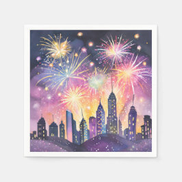 Frohes neues Jahr | Feuerwerk Stadt Nacht Aquarell Serviette