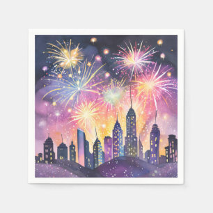 Frohes neues Jahr Feuerwerk Stadt Nacht Aquarell Serviette